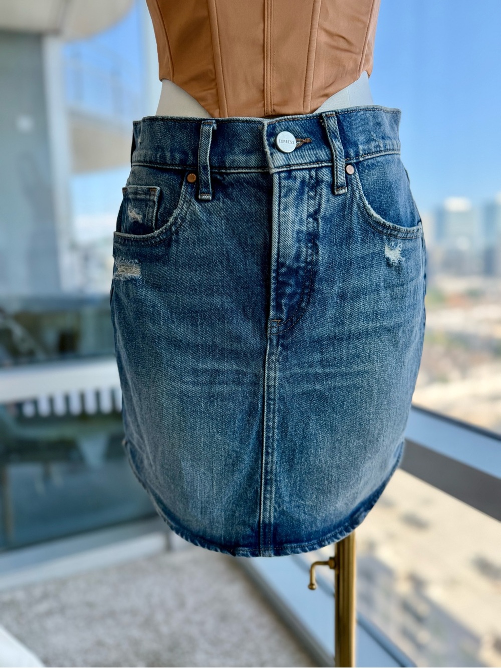 Express Distressed Denim Mini Skirt